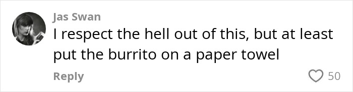Comment on Benny Blanco's shower habit, suggesting using a paper towel for a burrito, with 50 likes. Comment on Benny Blanco's shower habit, suggesting using a paper towel for a burrito, with 50 likes.