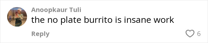 Comment by Anoopkaur Tuli on burrito; expresses surprise, includes six likes, related to Benny Blanco's shower habit. Comment by Anoopkaur Tuli on burrito; expresses surprise, includes six likes, related to Benny Blanco's shower habit.