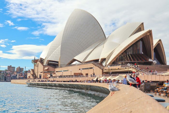 Sydney Opera House with tourists and seagulls on a sunny day, often considered overrated by seasoned travelers.