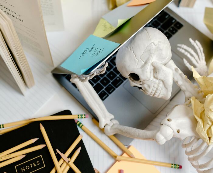 Skeleton using a laptop, surrounded by pencils and notes, representing the weirdest thing society accepts as normal.