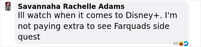 Text message expressing reluctance to pay extra for Snow White, preferring to wait for Disney+. Text message expressing reluctance to pay extra for Snow White, preferring to wait for Disney+.