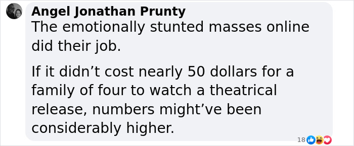 Text comment about costs affecting attendance at 'Snow White' empty theater showings. Text comment about costs affecting attendance at 'Snow White' empty theater showings.