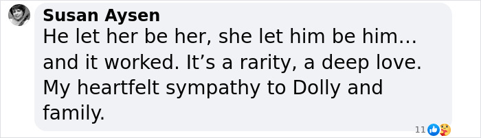 Comment expressing condolences and admiration for Dolly Parton and Carl Thomas Dean's unique love story. Comment expressing condolences and admiration for Dolly Parton and Carl Thomas Dean's unique love story.