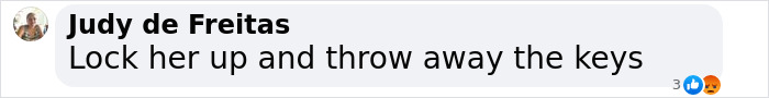 Comment by Judy de Freitas expressing anger and demanding imprisonment, referencing pure evil. Comment by Judy de Freitas expressing anger and demanding imprisonment, referencing pure evil.