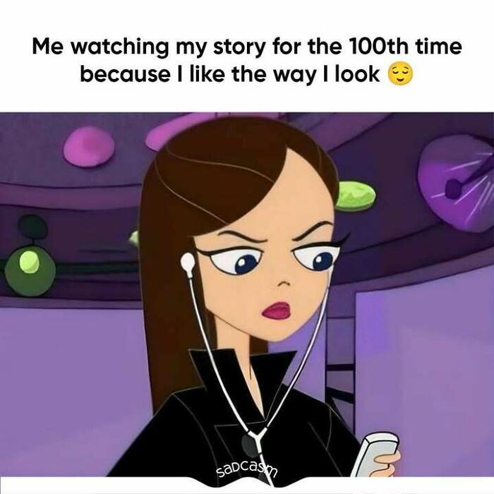 Animated character with earbuds, reading phone, captioned with 'sadcastic' humor about rewatching a personal story.