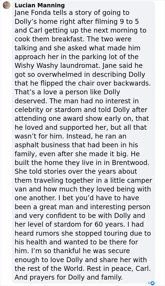 Text about Dolly Parton and Carl Thomas Dean's laundromat love story shared by Lucian Manning. Text about Dolly Parton and Carl Thomas Dean's laundromat love story shared by Lucian Manning.
