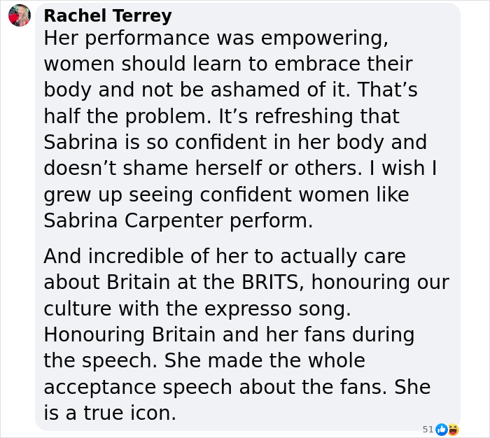 Text image discussing Sabrina Carpenter's empowering performance and cultural honors at the BRITS. Text image discussing Sabrina Carpenter's empowering performance and cultural honors at the BRITS.