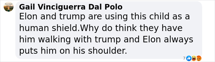 Social media comment criticizing Elon Musk for using his child as a human shield. Social media comment criticizing Elon Musk for using his child as a human shield.