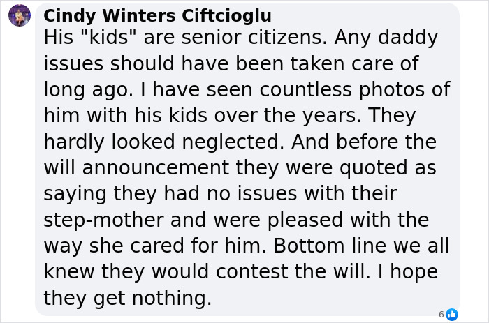 Screenshot of a comment discussing Gene Hackman's will, focusing on his kids and late wife. Screenshot of a comment discussing Gene Hackman's will, focusing on his kids and late wife.
