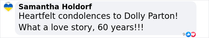 Comment expressing condolences to Dolly Parton on her long marriage to Carl Thomas Dean. Comment expressing condolences to Dolly Parton on her long marriage to Carl Thomas Dean.