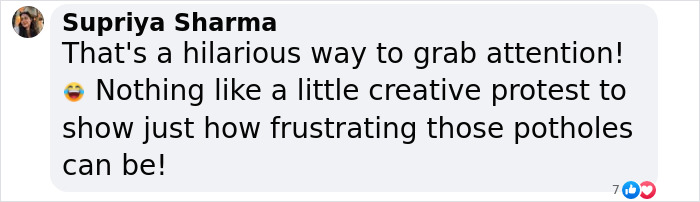 Comment about creative protest highlighting potholes issue. Comment about creative protest highlighting potholes issue.