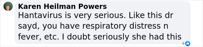 Screenshot of Karen Heilman Powers discussing hantavirus symptoms and doubts about a diagnosis. Screenshot of Karen Heilman Powers discussing hantavirus symptoms and doubts about a diagnosis.