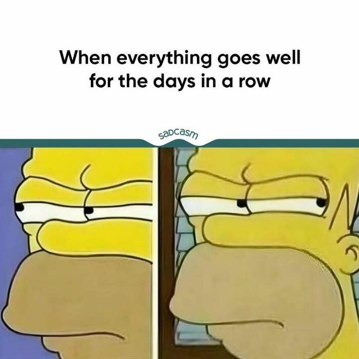 Cartoon character with skeptical look, captioned about things going well, illustrates a sadcastic meme.