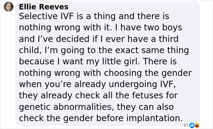 Text discussing selective IVF and choosing gender during the process. Text discussing selective IVF and choosing gender during the process.