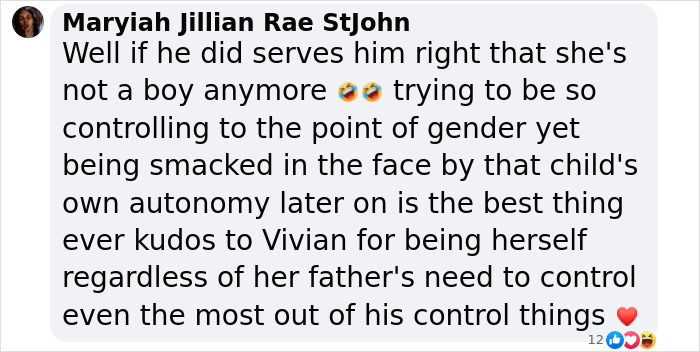 Facebook comment discussing Elon Musk's daughter's statement on gender control and identity. Facebook comment discussing Elon Musk's daughter's statement on gender control and identity.