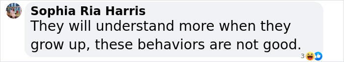 Comment by Sophia Ria Harris on behavior, stating it's not good and children will understand more when they grow up. Comment by Sophia Ria Harris on behavior, stating it's not good and children will understand more when they grow up.