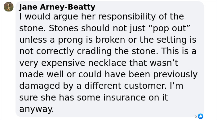Comment discussing diamond stone settings and responsibility. Comment discussing diamond stone settings and responsibility.