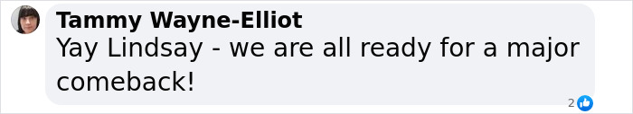 Comment praising Lindsay Lohan, expressing excitement for her comeback. Comment praising Lindsay Lohan, expressing excitement for her comeback.