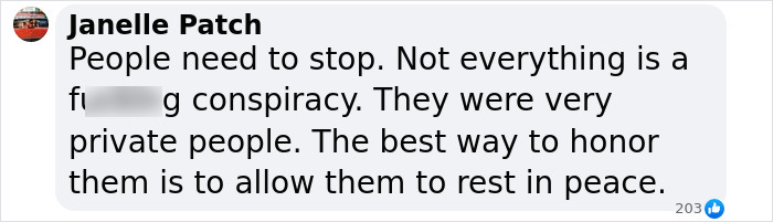 Comment discussing Gene Hackman mystery, urging respect for privacy and dismissing conspiracy theories. Comment discussing Gene Hackman mystery, urging respect for privacy and dismissing conspiracy theories.