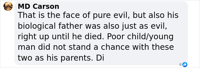 Text comment discussing the face of pure evil, parents' cruelty toward stepson. Text comment discussing the face of pure evil, parents' cruelty toward stepson.