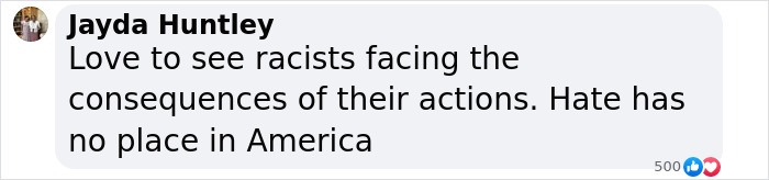 Text comment on social media about facing consequences for racist actions. Text comment on social media about facing consequences for racist actions.