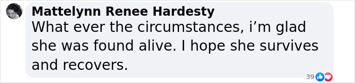 Comment expressing relief model was found alive despite injuries, amid family's disagreement with police claims. Comment expressing relief model was found alive despite injuries, amid family's disagreement with police claims.