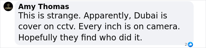 Comment discussing CCTV coverage in Dubai related to police claims of model's fall from building. Comment discussing CCTV coverage in Dubai related to police claims of model's fall from building.