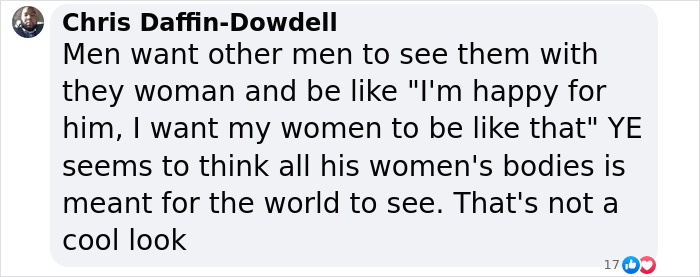Social media comment discussing Kanye West's perspective on women's outfits. Social media comment discussing Kanye West's perspective on women's outfits.