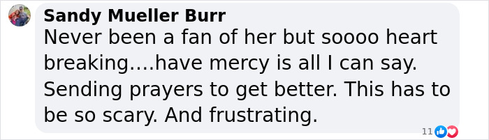 Social media comment reacting to Brandi Glanville's disfigurement concerns, expressing sympathy and support. Social media comment reacting to Brandi Glanville's disfigurement concerns, expressing sympathy and support.