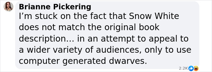 Comment on "Snow White" adaptation not matching the original book, mentioning computer-generated dwarves. Comment on "Snow White" adaptation not matching the original book, mentioning computer-generated dwarves.