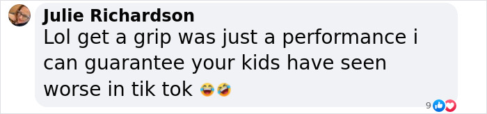 Social media comment about Sabrina Carpenter's Brit Awards performance reactions, mentioning kids and TikTok. Social media comment about Sabrina Carpenter's Brit Awards performance reactions, mentioning kids and TikTok.