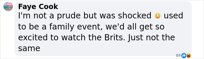 Facebook comment by Faye Cook: Shocked by changes in what used to be a family event at the Brits. Facebook comment by Faye Cook: Shocked by changes in what used to be a family event at the Brits.