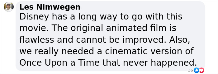 Comment criticizing Disney's "Snow White" adjustments, referencing original film's perfection and wish for "Once Upon a Time" version. Comment criticizing Disney's "Snow White" adjustments, referencing original film's perfection and wish for "Once Upon a Time" version.