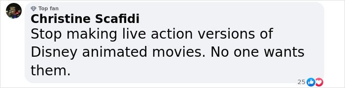 Social media comment criticizing Disney animated live-action adaptations. Social media comment criticizing Disney animated live-action adaptations.