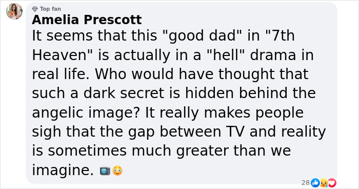 Comment on a scandal about a disgraced actor, discussing the gap between TV roles and real life. Comment on a scandal about a disgraced actor, discussing the gap between TV roles and real life.
