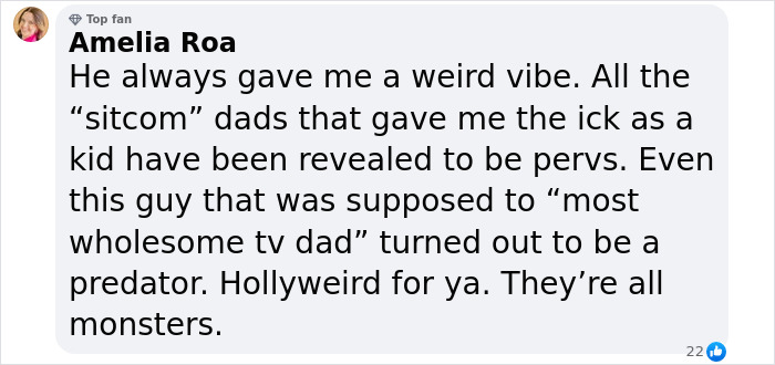 Comment discussing scandal surrounding disgraced actor, with fan expressing disappointment in "sitcom" dads. Comment discussing scandal surrounding disgraced actor, with fan expressing disappointment in "sitcom" dads.