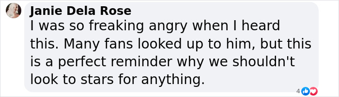 Social media comment about disgraced actor's scandal and fan disappointment. Social media comment about disgraced actor's scandal and fan disappointment.