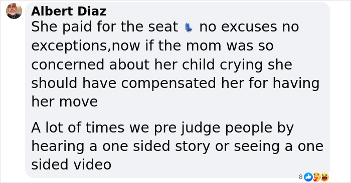 Comment discussing viral flyer, mentions paying for seat and judgement based on one-sided stories. Comment discussing viral flyer, mentions paying for seat and judgement based on one-sided stories.