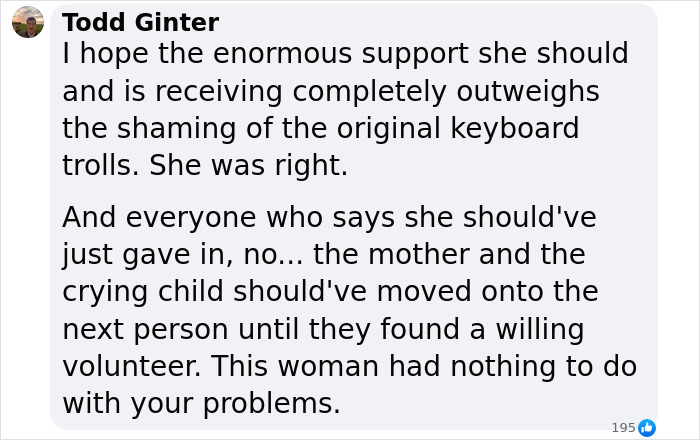 Comment on Facebook supporting a woman facing backlash for keeping her airline seat. Comment on Facebook supporting a woman facing backlash for keeping her airline seat.