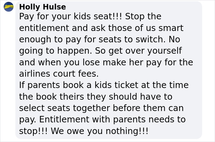Text response criticizing parents over seating entitlement on a plane. Text response criticizing parents over seating entitlement on a plane.