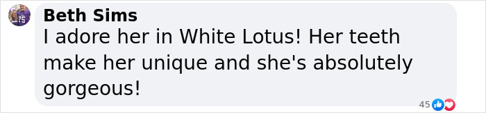 Comment praising Aimee Lou Wood's unique teeth and role in White Lotus. Comment praising Aimee Lou Wood's unique teeth and role in White Lotus.