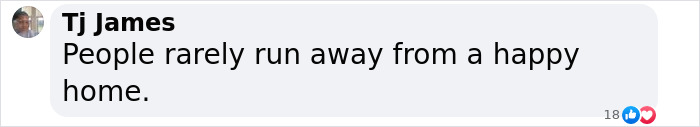 Comment by Tj James discussing the reasons why a person might run away. Comment by Tj James discussing the reasons why a person might run away.