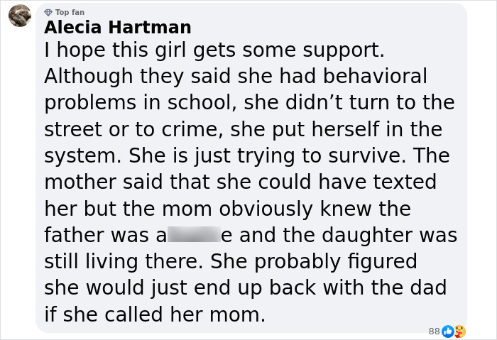 Comment discussing support for runaway girl found after a year using a fake name. Comment discussing support for runaway girl found after a year using a fake name.