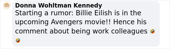 Rumor about Billie Eilish joining Avengers, inspired by Chris Hemsworth selfie comment, in humorous text exchange. Rumor about Billie Eilish joining Avengers, inspired by Chris Hemsworth selfie comment, in humorous text exchange.