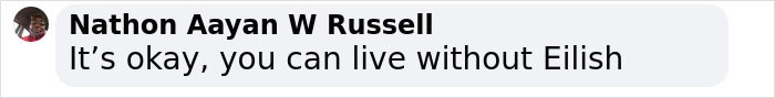 Comment by Nathon Aayan W Russell about living without Eilish. Comment by Nathon Aayan W Russell about living without Eilish.