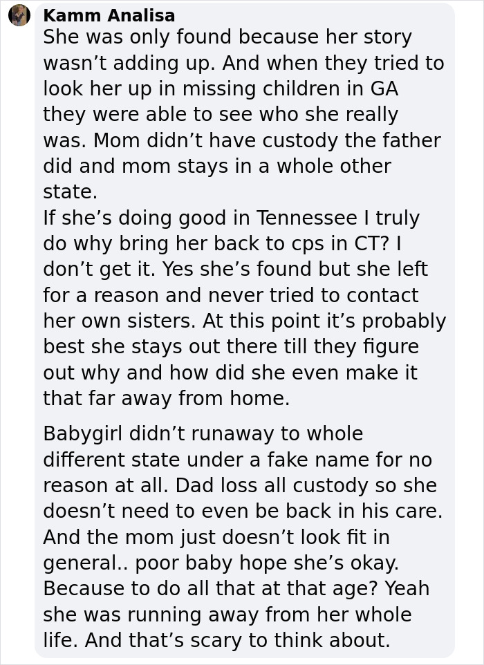 Text post discussing a runaway girl missing for a year, found in another state using a fake name. Text post discussing a runaway girl missing for a year, found in another state using a fake name.