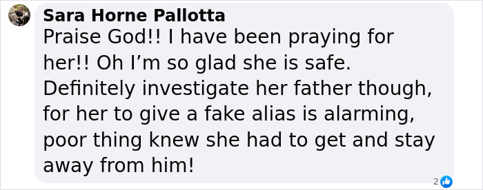 Comment discussing runaway girl found after a year using fake name, mentioning relief and suspicion toward her father. Comment discussing runaway girl found after a year using fake name, mentioning relief and suspicion toward her father.