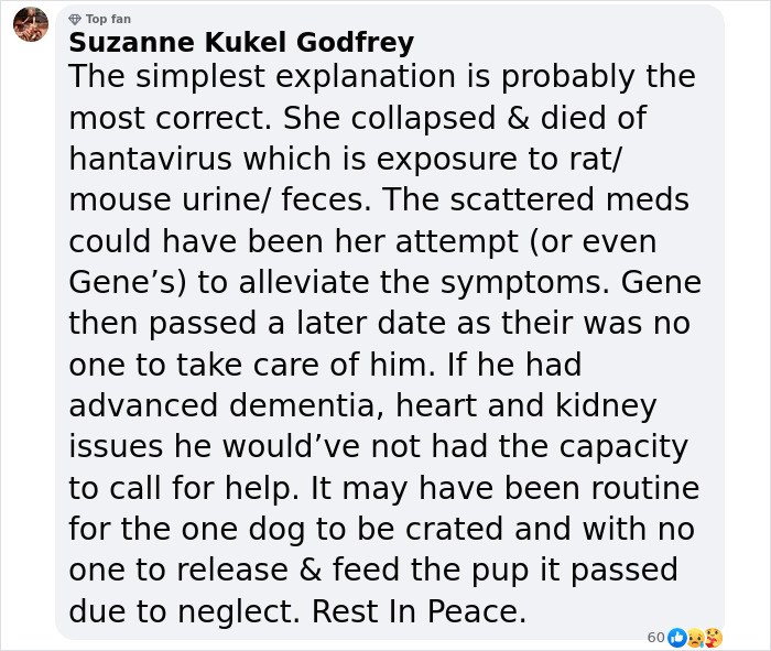 Comment discussing hantavirus cause of death linked to rats, mentions scattered meds and neglect. Comment discussing hantavirus cause of death linked to rats, mentions scattered meds and neglect.