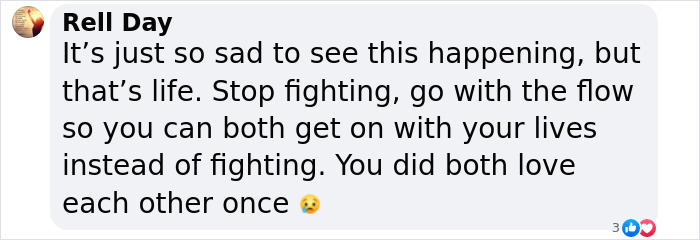 Facebook comment on Hugh Jackman and Deborra-Lee Furness' divorce, expressing sadness and urging peace. Facebook comment on Hugh Jackman and Deborra-Lee Furness' divorce, expressing sadness and urging peace.