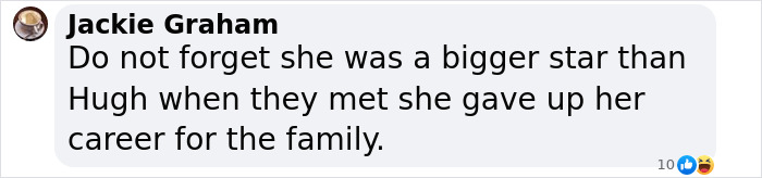 Comment about Hugh Jackman and Deborra-Lee Furness' divorce, highlighting her past career sacrifice. Comment about Hugh Jackman and Deborra-Lee Furness' divorce, highlighting her past career sacrifice.